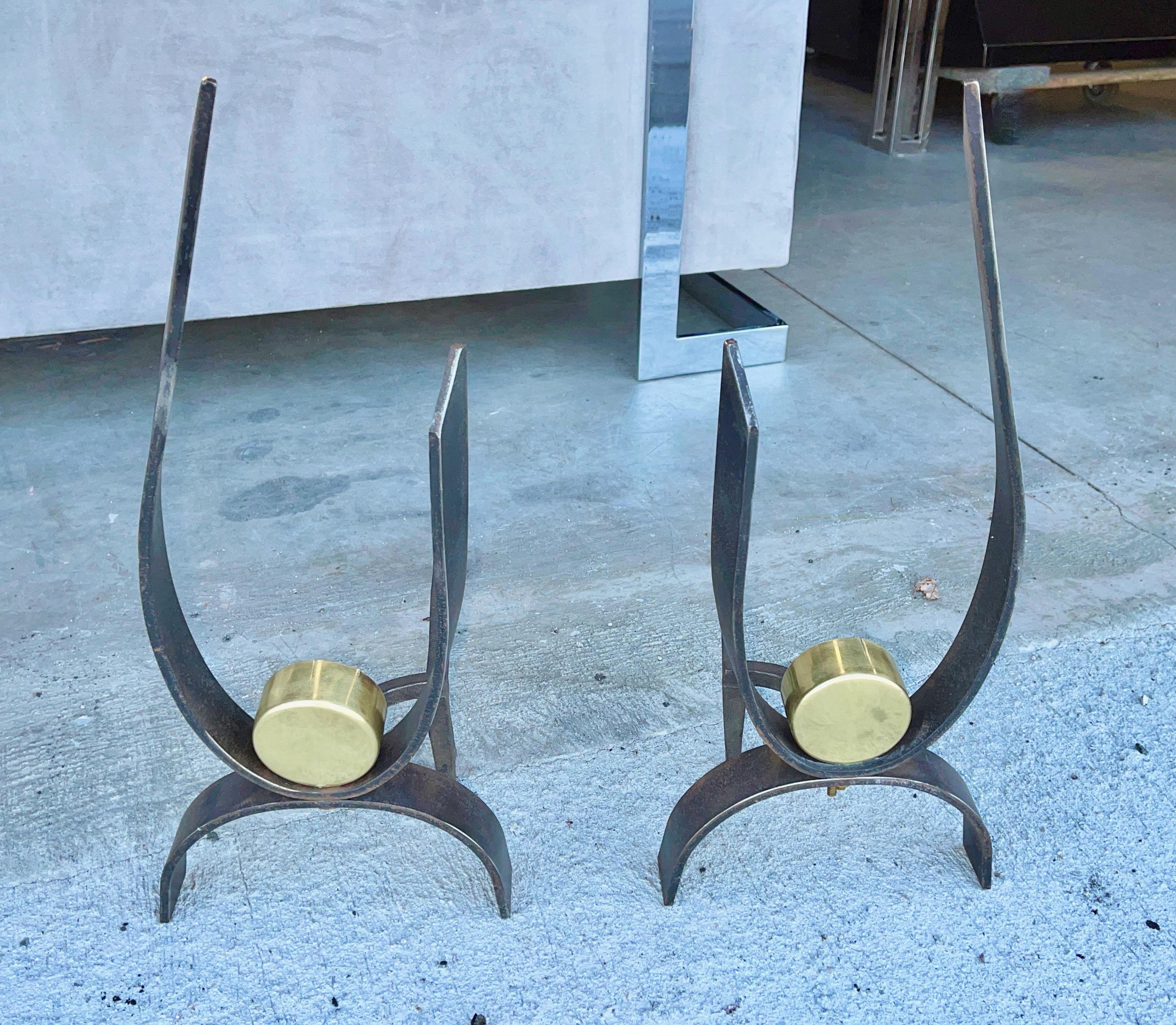 Pair Donald Deskey Brass & Wrought Iron Andirons In Good Condition For Sale In Hanover, MA