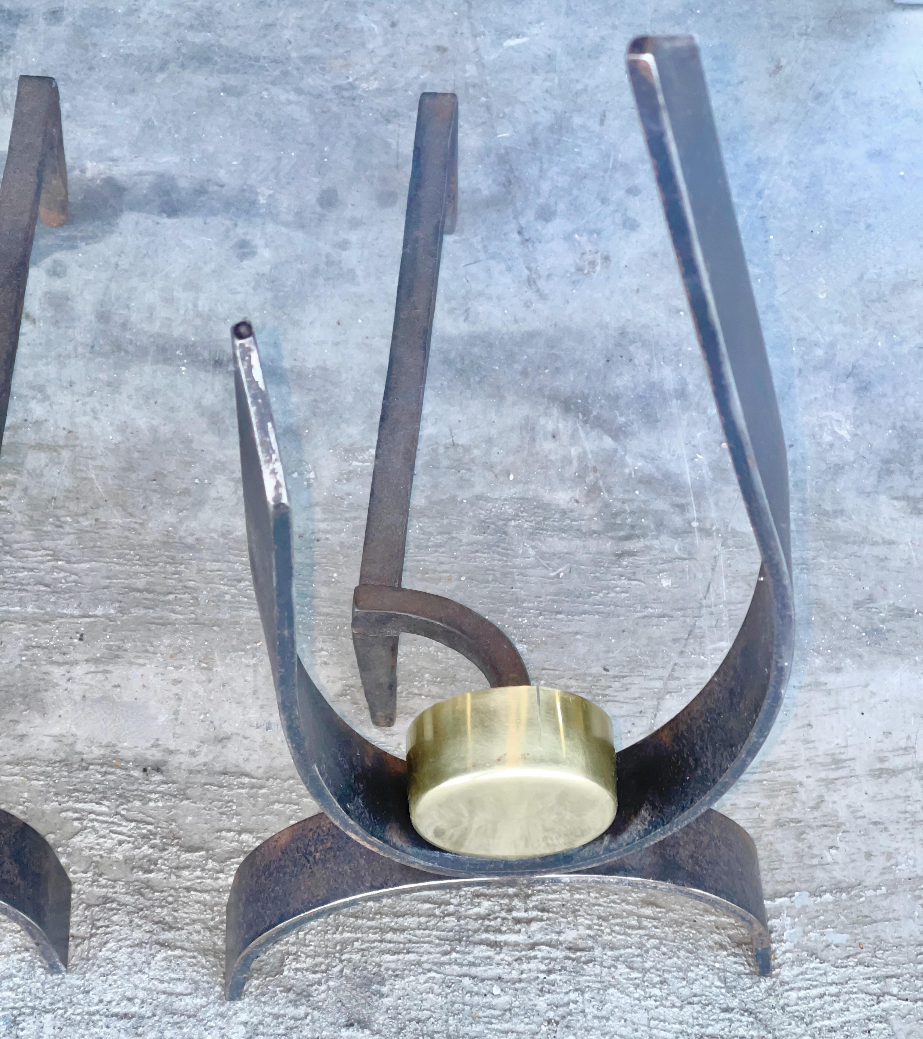 Pair Donald Deskey Brass & Wrought Iron Andirons For Sale 2