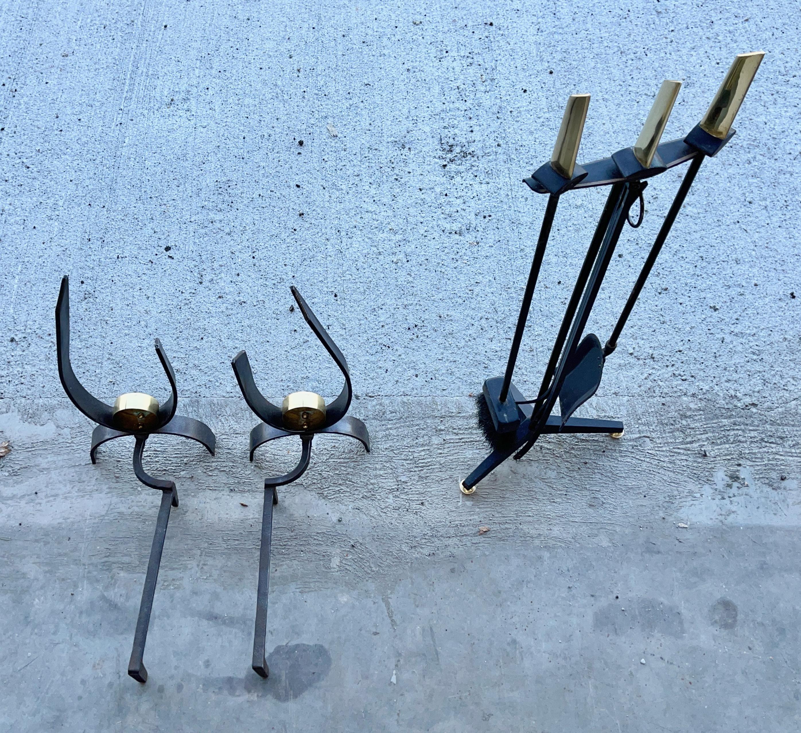 Pair Donald Deskey Brass & Wrought Iron Andirons For Sale 3