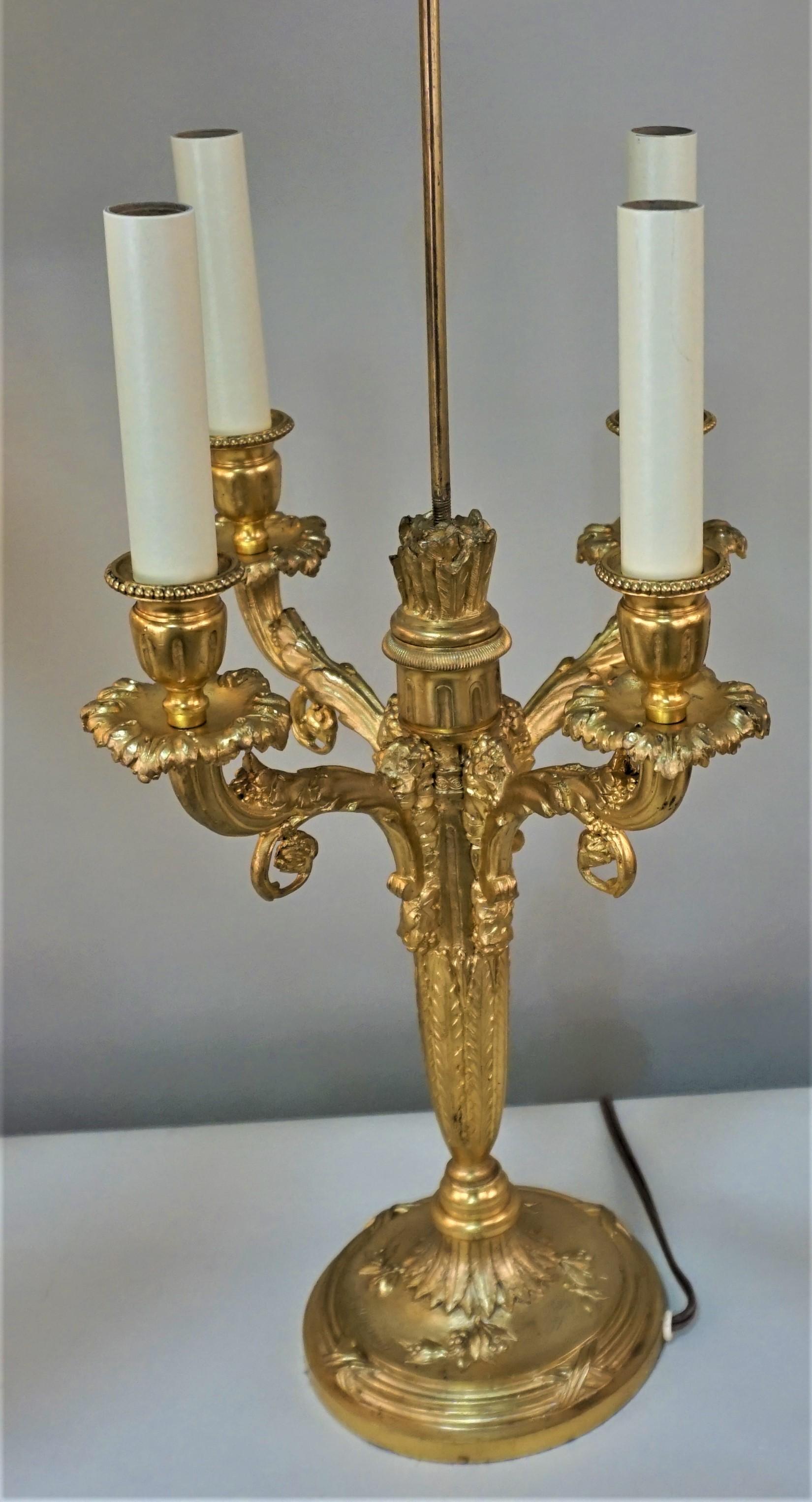 Pair of Doré Bronze Candelabra Lamps by Albert Maroinnet In Good Condition In Fairfax, VA