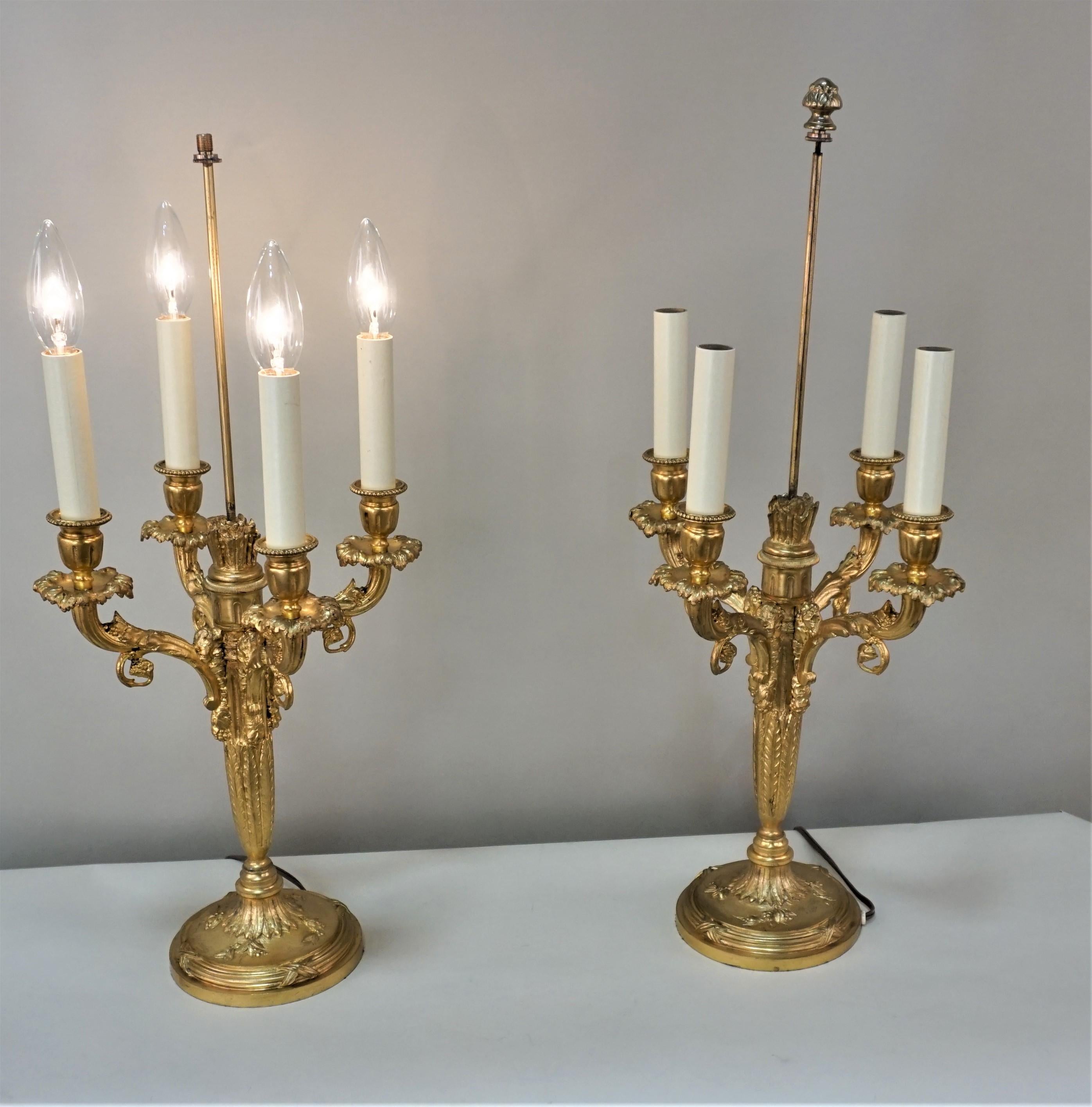 Early 20th Century Pair of Doré Bronze Candelabra Lamps by Albert Maroinnet