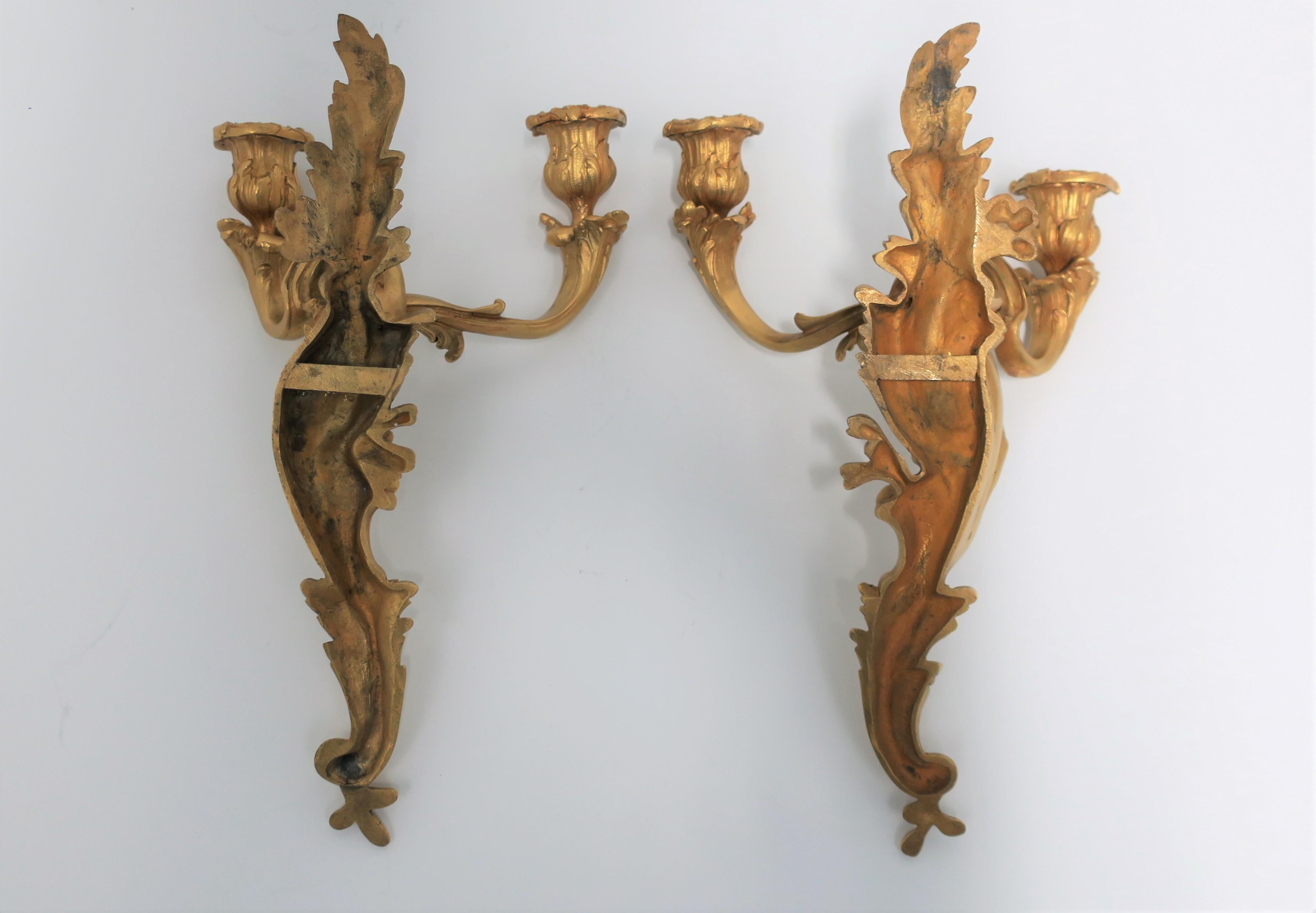 Pair of Dore Gold Gilt Bronze Rococo Candlestick Wall Sconces 3