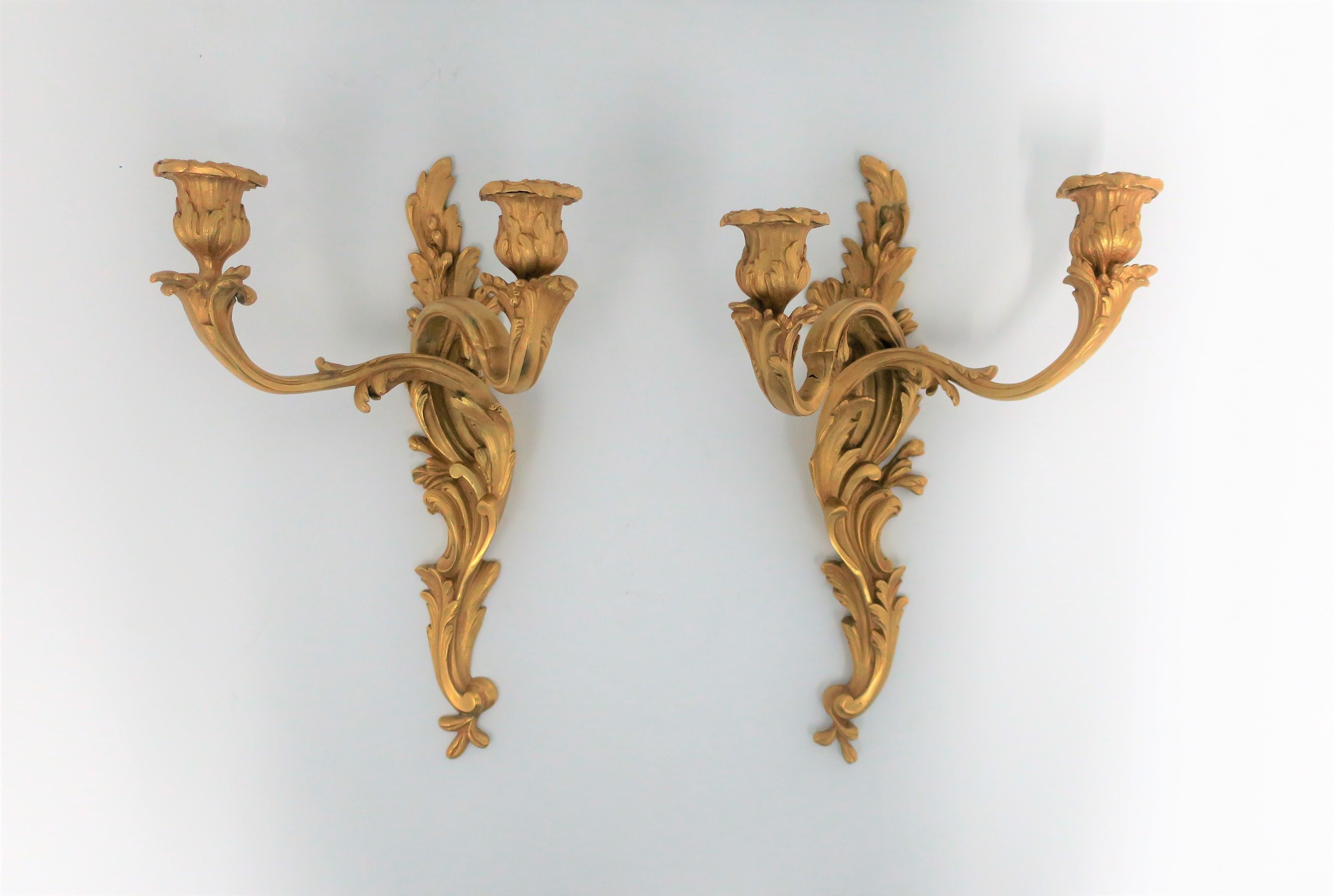 European Pair of Dore Gold Gilt Bronze Rococo Candlestick Wall Sconces