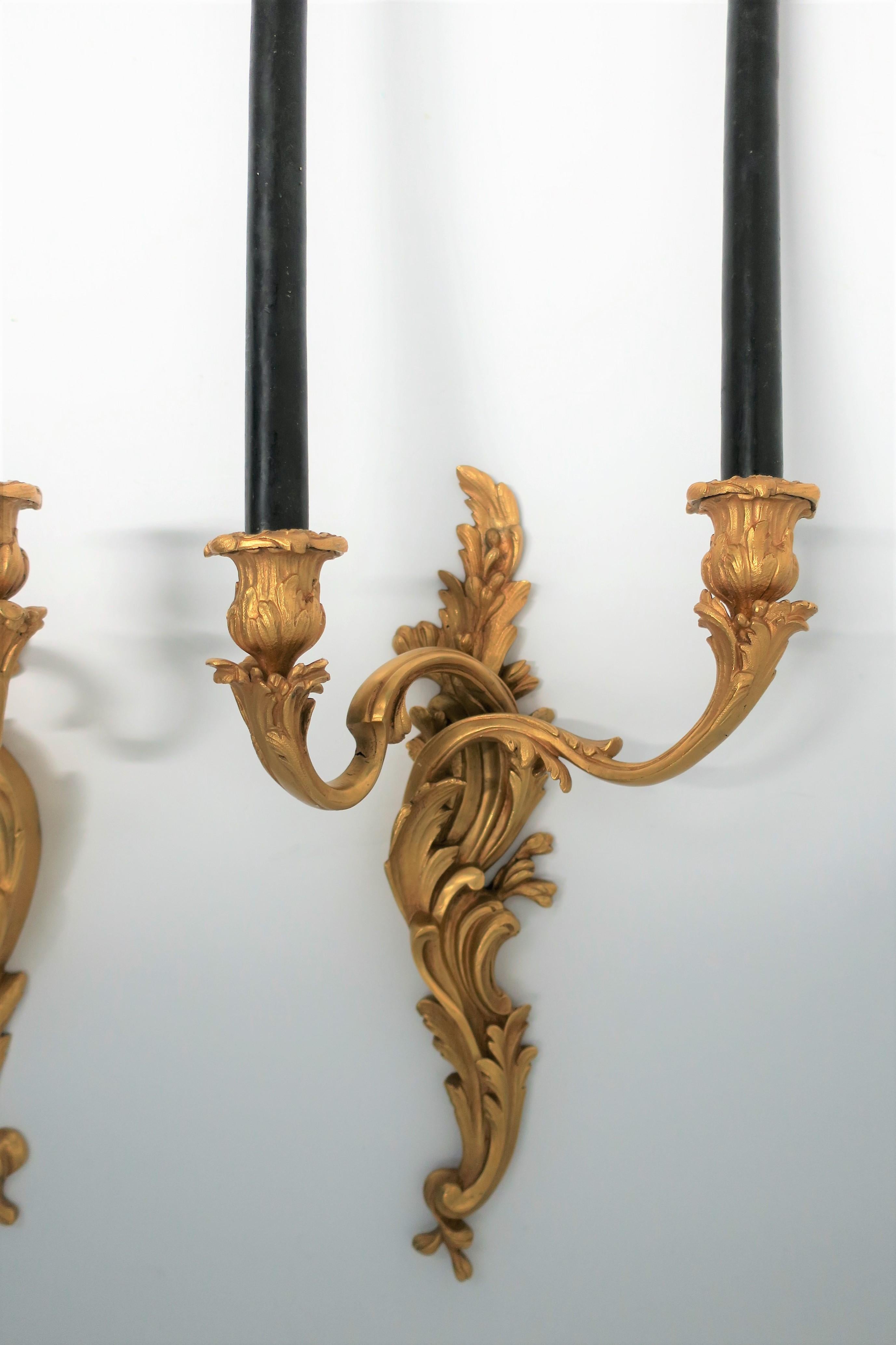 20th Century Pair of Dore Gold Gilt Bronze Rococo Candlestick Wall Sconces