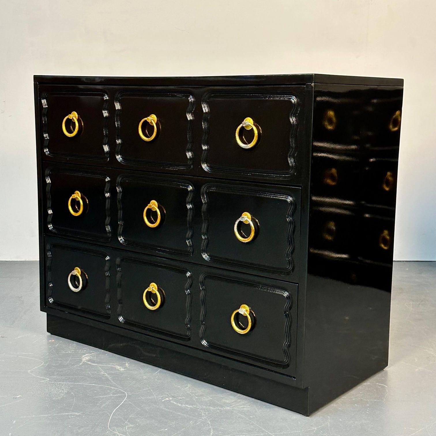 Mid-20th Century Pair Dorothy Draper for Heritage Style Espana Chests, Nightstands, Black Lacquer For Sale