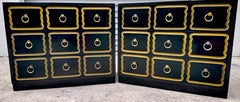 Pair Dorothy Draper Style 'Espana'  Black Lacquer & Gilt Chests/Nightstands