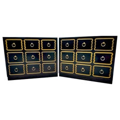 Pair Dorothy Draper Style 'Espana' Black Lacquer & Gilt Chests/Nightstands