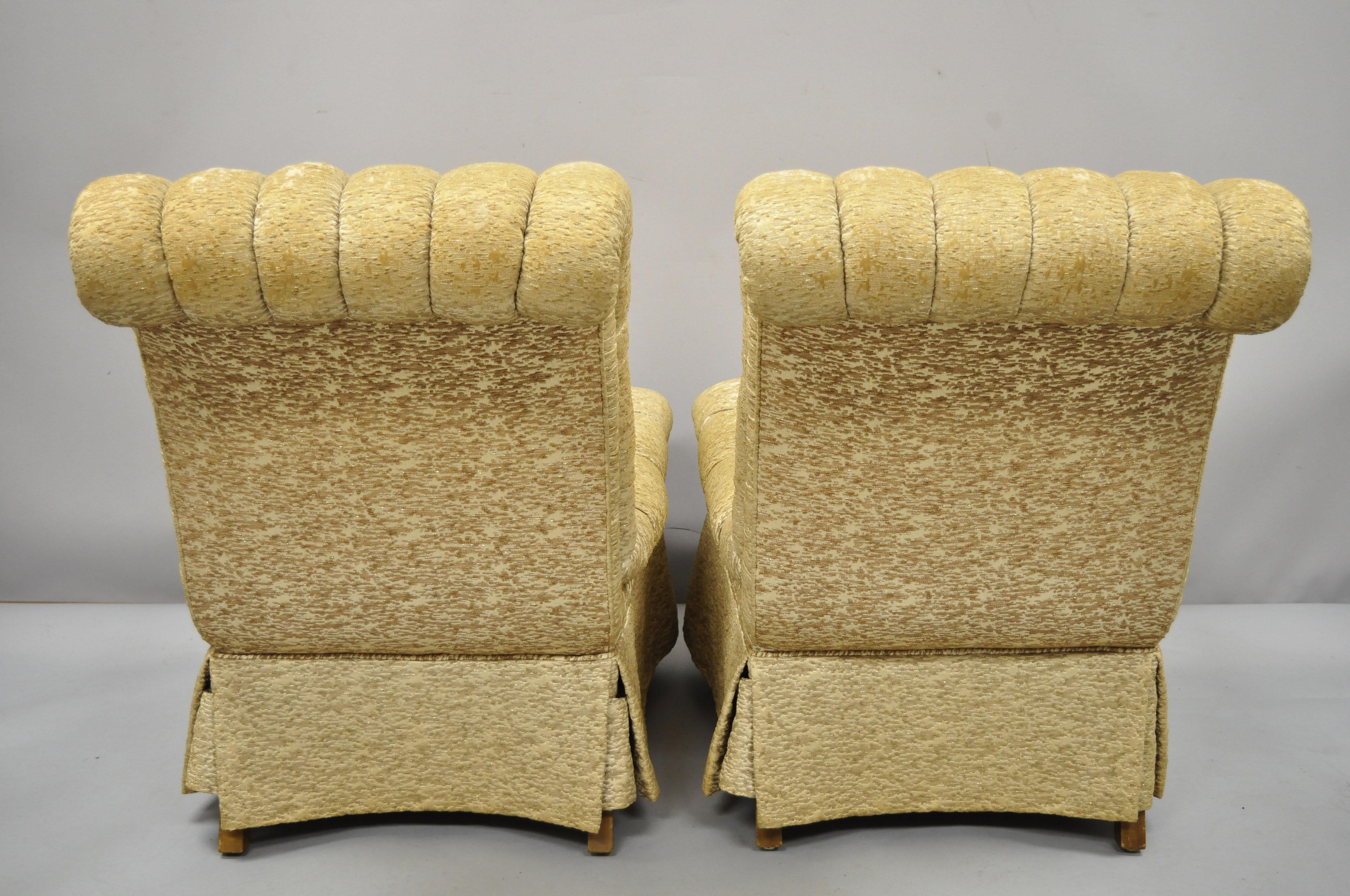 Pair of Dorothy Draper Style French Hollywood Regency Rolled Back Slipper Chairs For Sale 2
