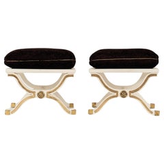 Pair Dorothy Draper White Gold Gilt España Curule Benches for Heritage Henredon