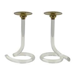 Pair Dorothy Thorpe Style Serpentine Lucite Candlesticks