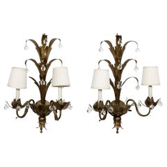 Pair Double Arm Brass Foliate Sconces With Hanging Glass Spheres
