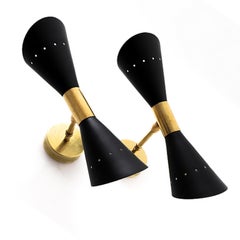 Pair Double Cone Mid-Century Style Wall Lights in Brass and Black Lacquer Shades