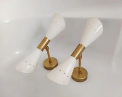Pair Double Cone Mid-Century Style Wall Lights in Brass and Ivory Lacquer Shades