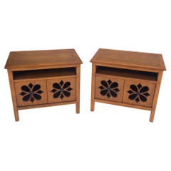 Pair Double Door Pierced Carved Doors Compartment Night Stands End Tables Mint