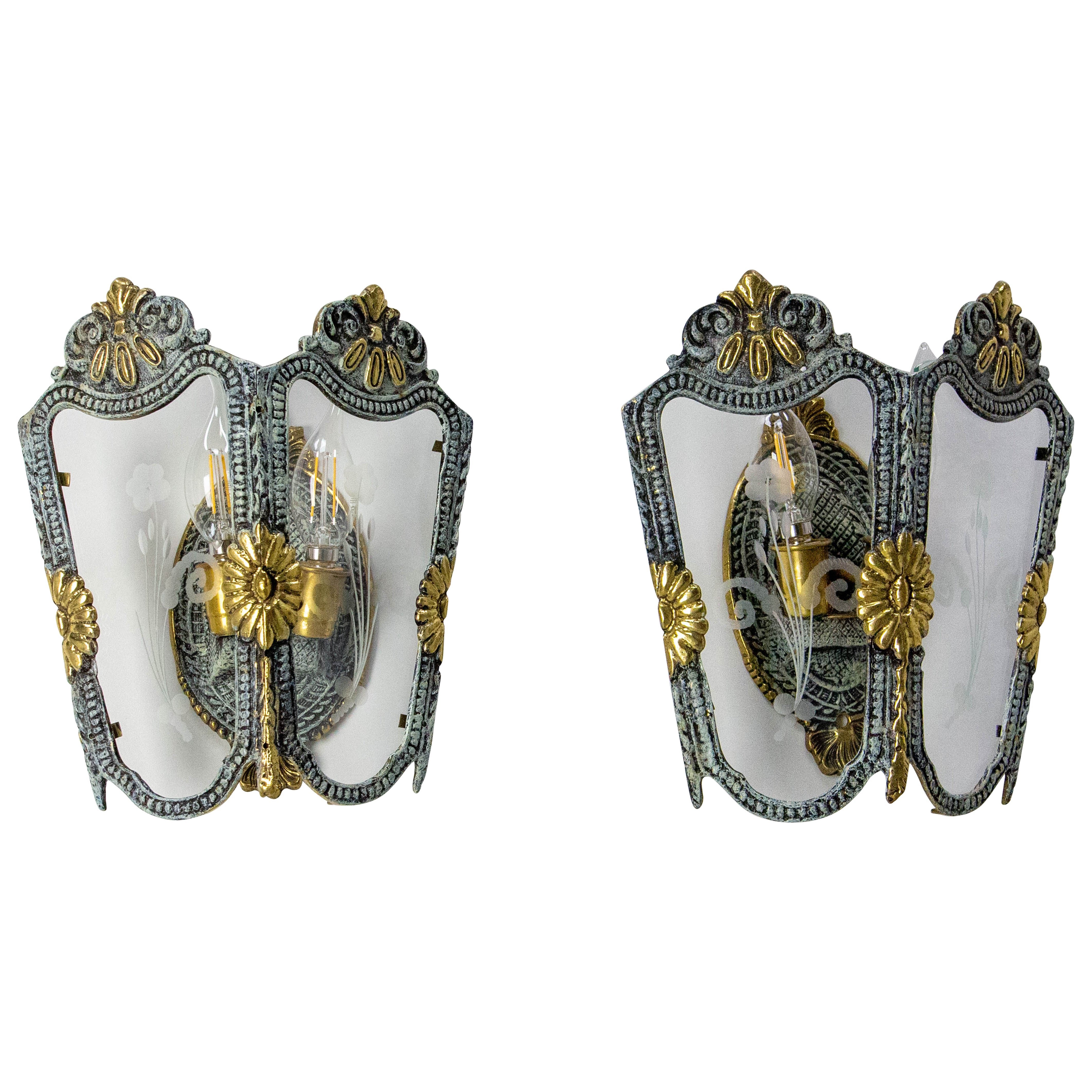 Pair Double Sconces Brass, Bronze Patina Hand-Engraved Glass Louis XV st c 1960