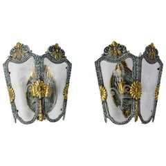 Pair Double Sconces Brass, Bronze Patina Hand-Engraved Glass Louis XV st c 1960