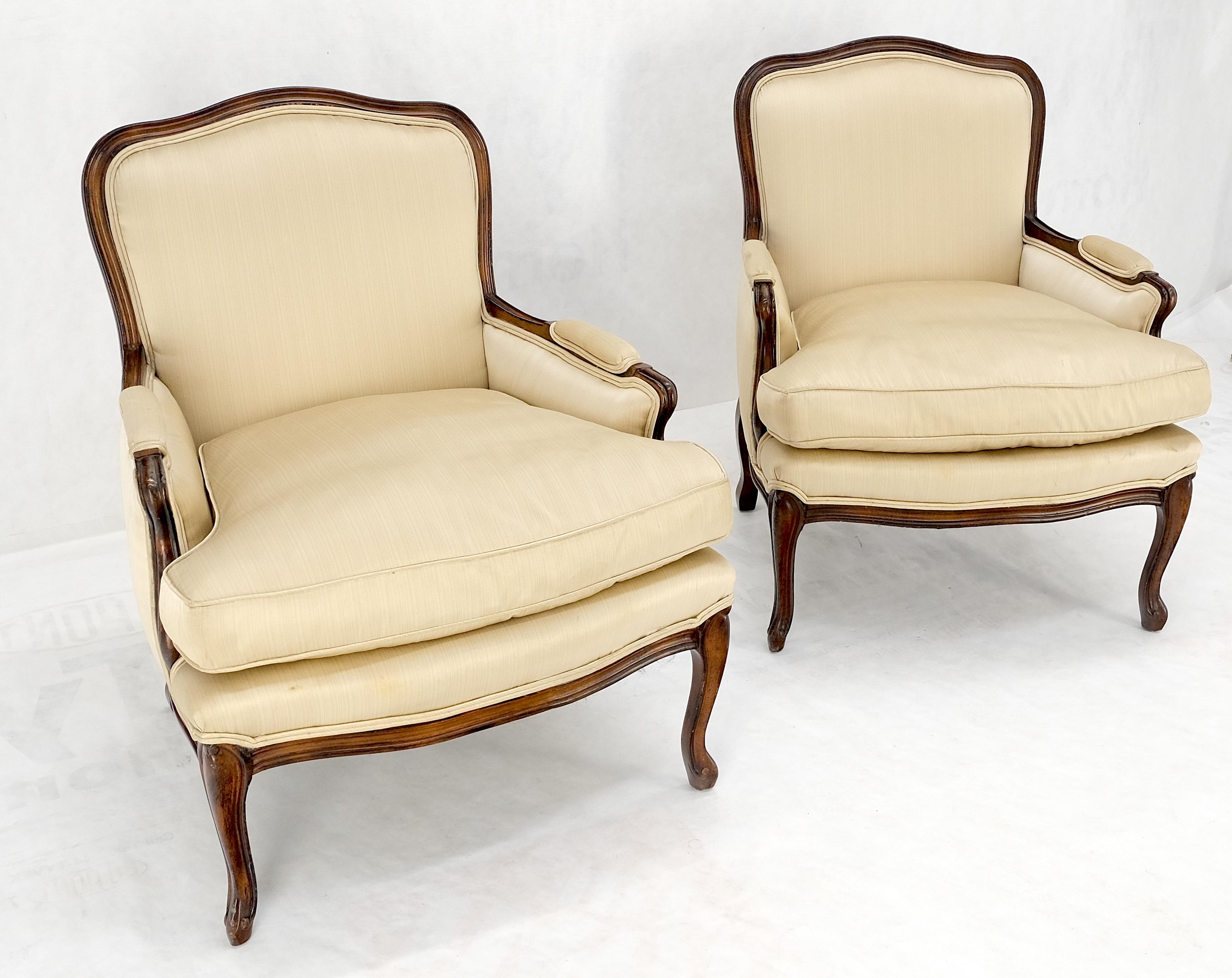 Pair Down Filled Cushions Silk Like Upholstery Carved Legs French Lounge Chairs For Sale 4