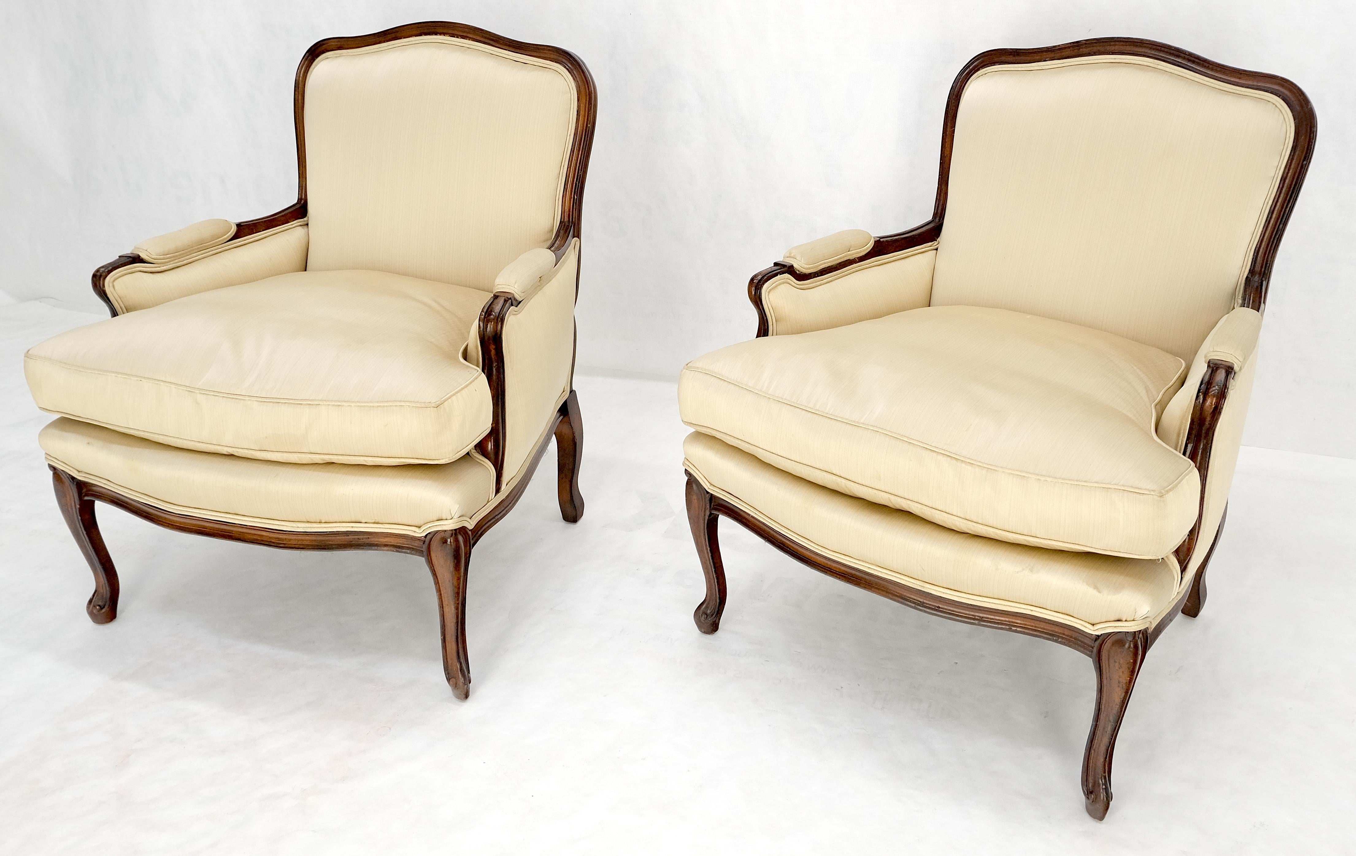 Pair Down Filled Cushions Silk Like Upholstery Carved Legs French Lounge Chairs For Sale 5
