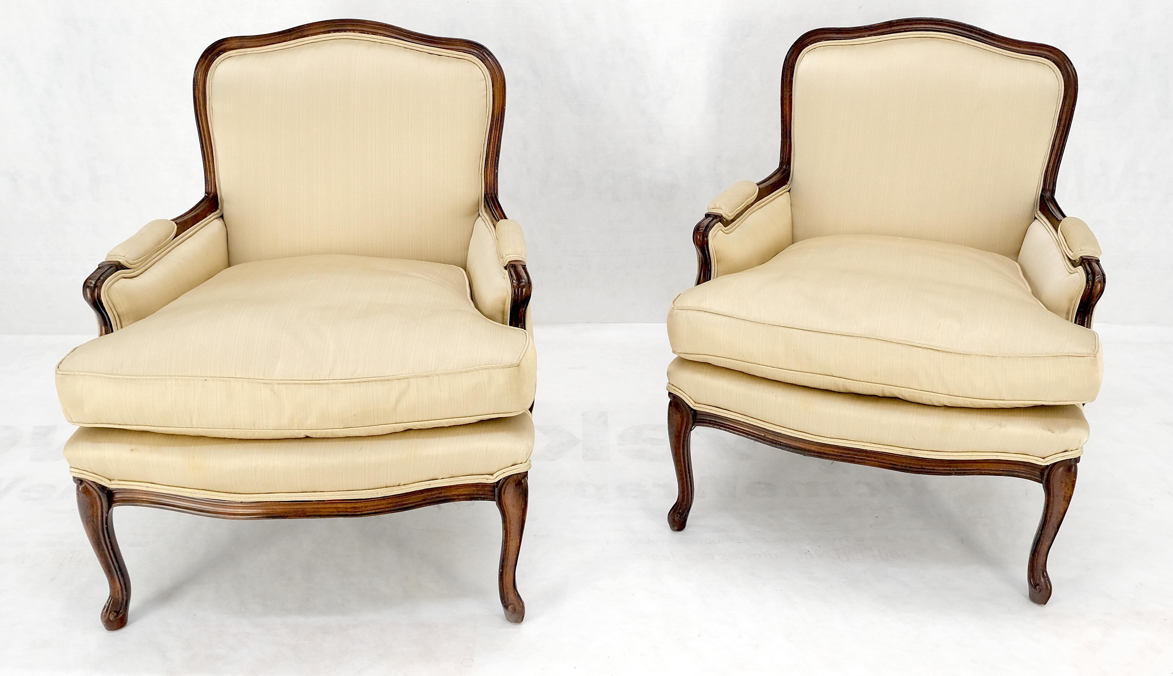 Pair Down Filled Cushions Silk Like Upholstery Carved Legs French Lounge Chairs For Sale 1