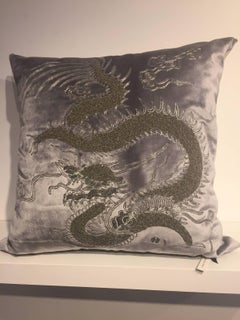 Pair Dragon Cushions Chinoiserie on Silk Velvet Hand Embroidery Beading Silver