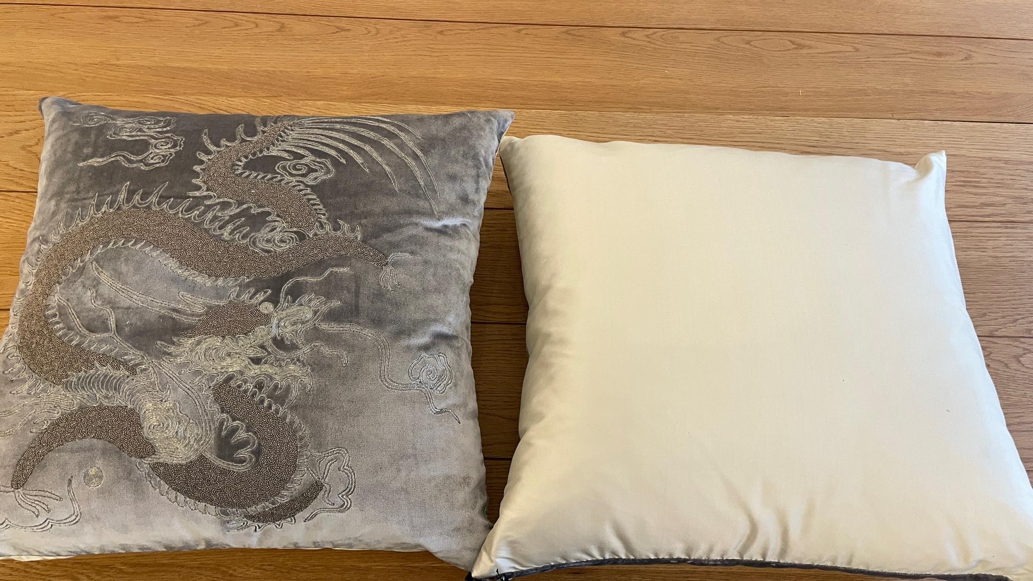 Pair Dragon Cushions Chinoiserie on Silk Velvet Hand Embroidery Beading Silver For Sale 2