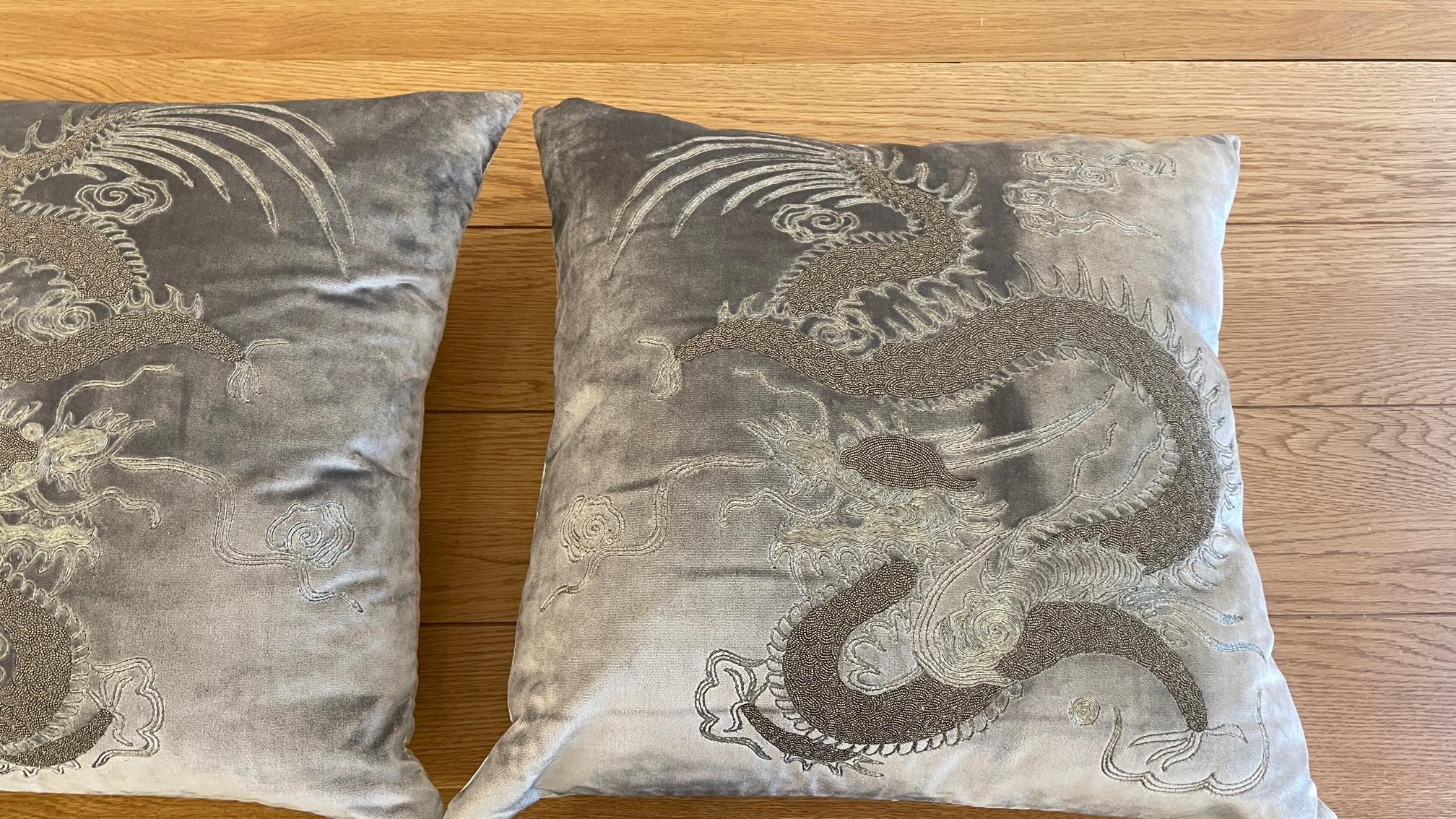 Pair Dragon Cushions Chinoiserie on Silk Velvet Hand Embroidery Beading Silver For Sale 3