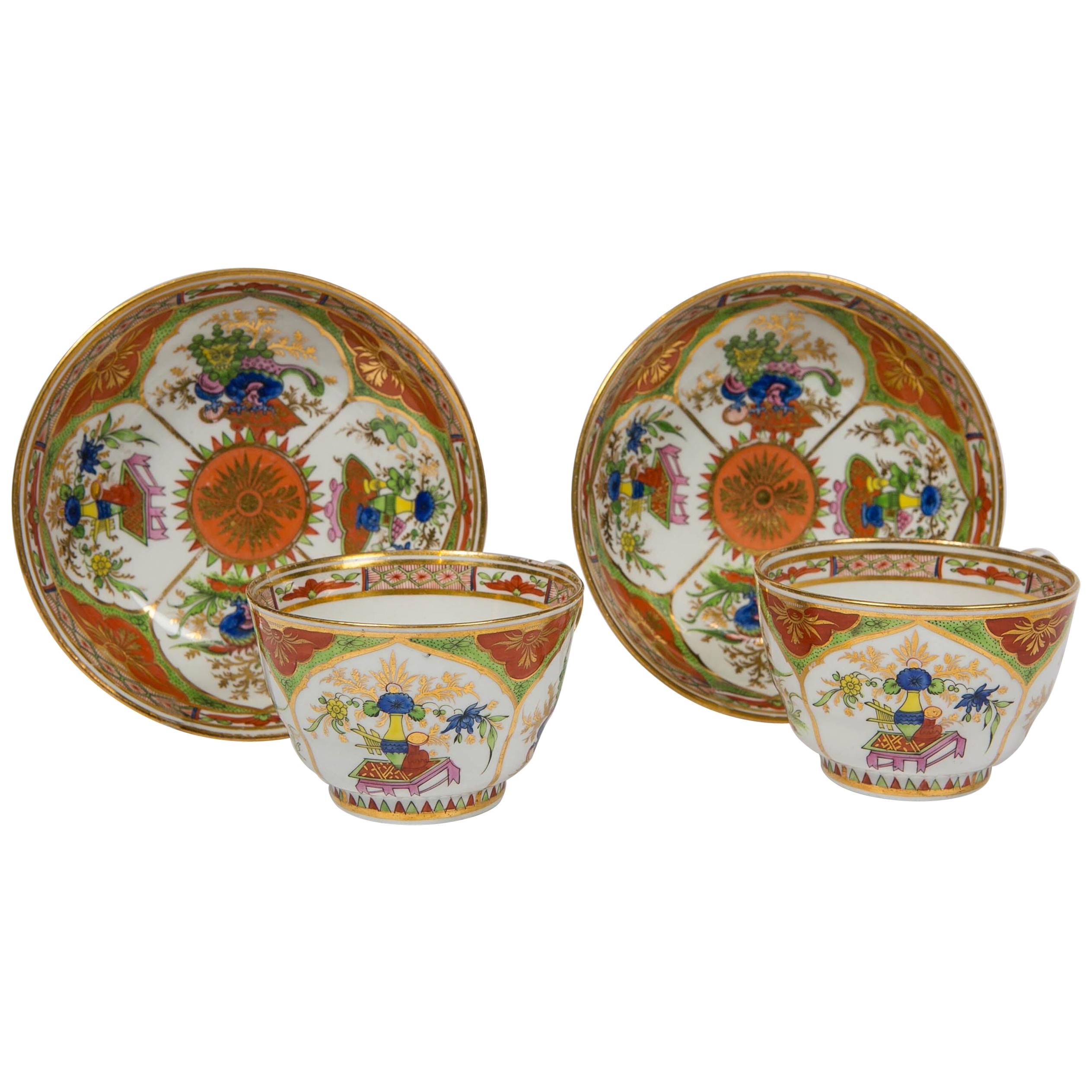 Pair Dragons in Compartments Breakfast Cups and Saucers Hand Painted