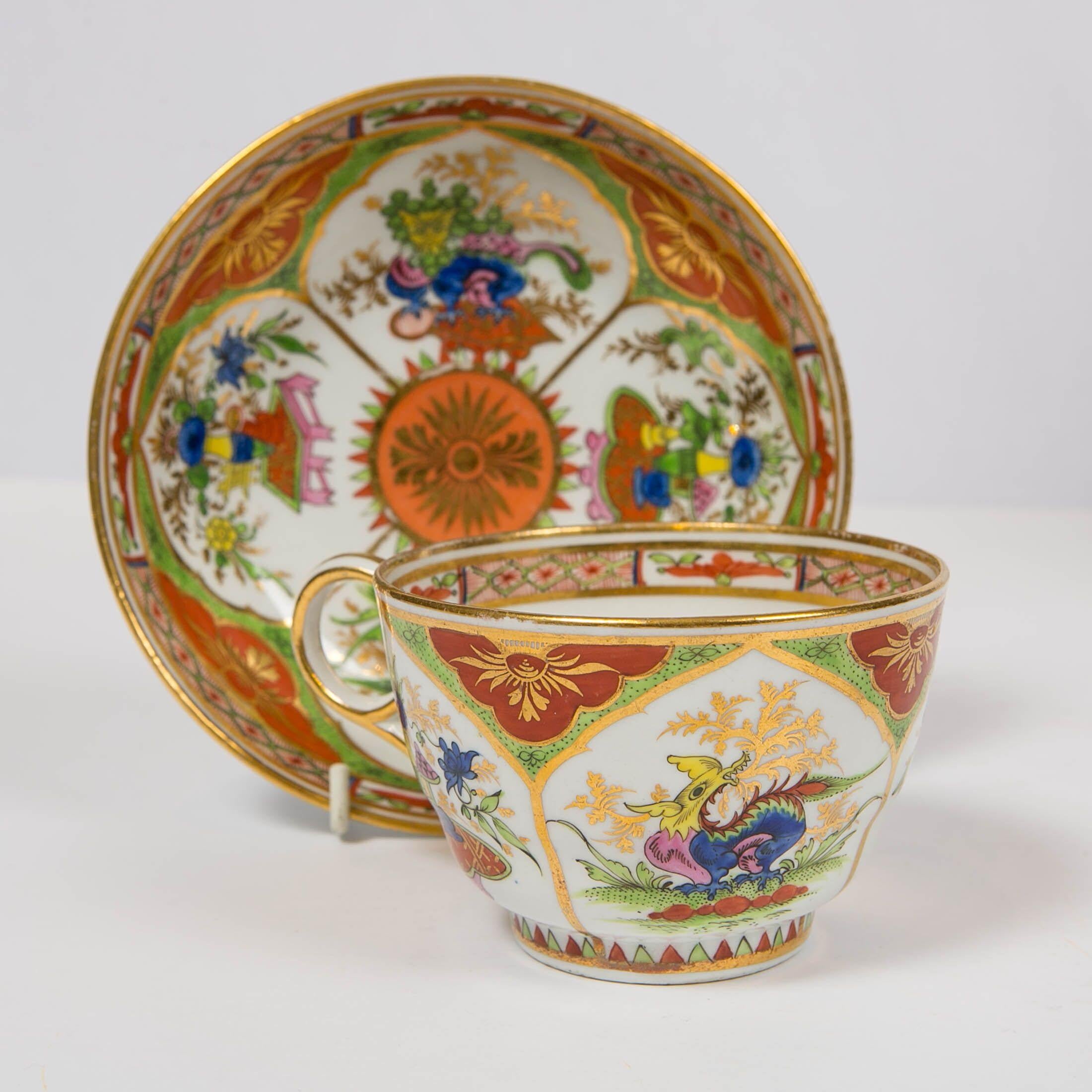 Pair Dragons in Compartments Breakfast Cups and Saucers Hand Painted In Excellent Condition In Katonah, NY