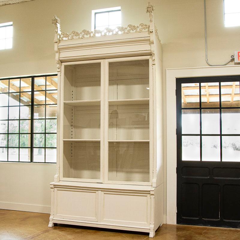 Spanish Pair, Dramatic Antique Bookcase Large White Display Cabinets from Spain