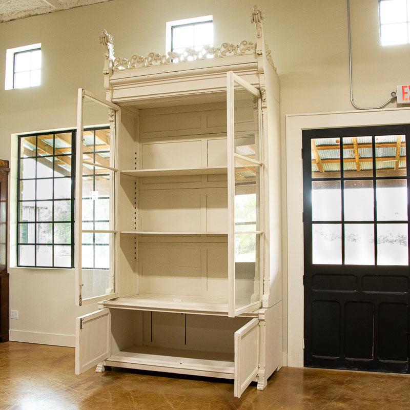 Pair, Dramatic Antique Bookcase Large White Display Cabinets from Spain In Good Condition In Round Top, TX