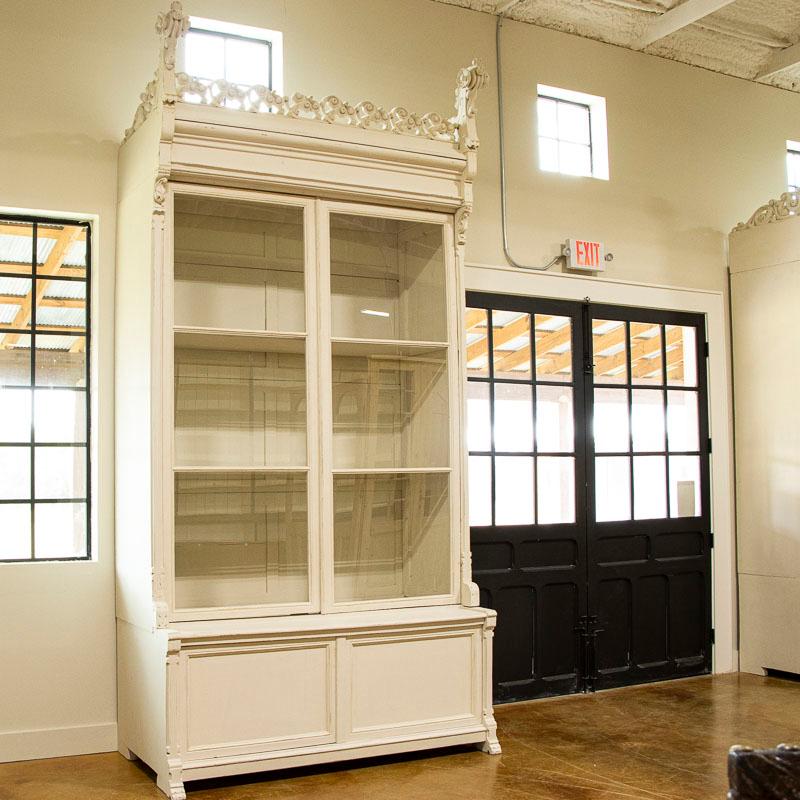 19th Century Pair, Dramatic Antique Bookcase Large White Display Cabinets from Spain