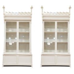 Pair, Dramatic Antique Bookcase Large White Display Cabinets from Spain