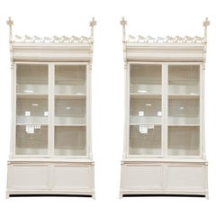 Pair, Dramatic Antique Bookcase Large White Display Cabinets from Spain