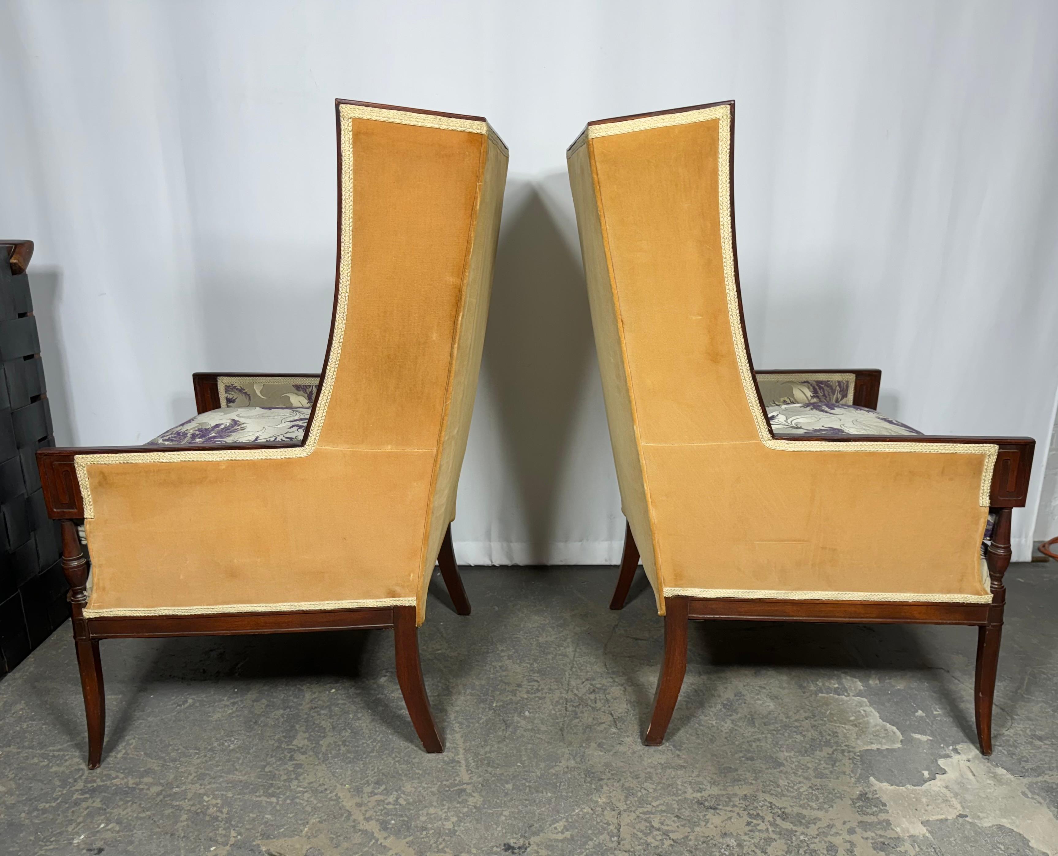 Fabric Pair Dramatic Oversized Regency Lounge Chairs attributed to Grosfeld House For Sale