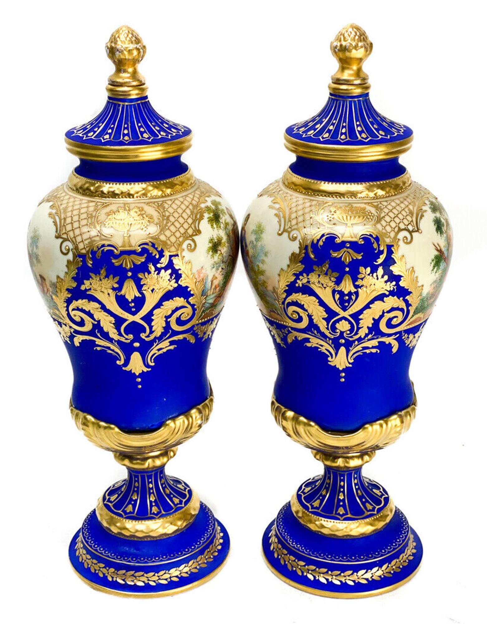 Pair Dresden Germany Porcelain Cobalt Blue Urns, circa 1920  In Good Condition For Sale In Gardena, CA