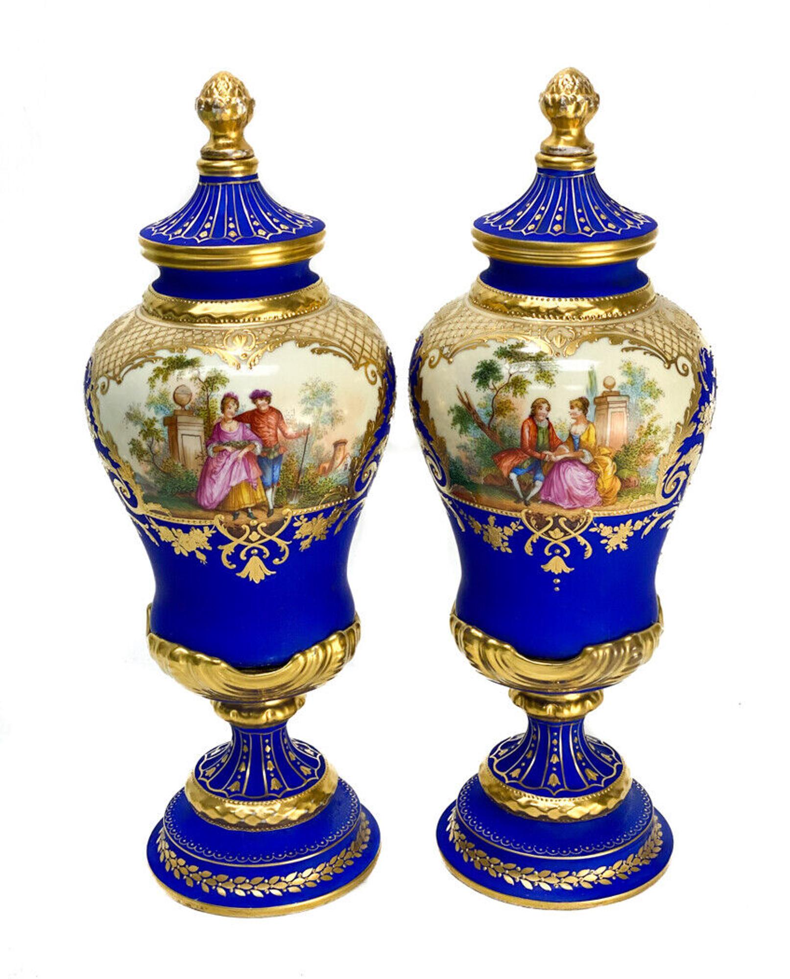 Early 20th Century Pair Dresden Germany Porcelain Cobalt Blue Urns, circa 1920  For Sale