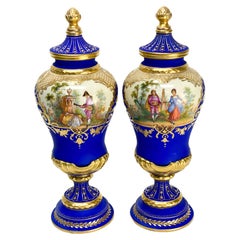 Pair Dresden Germany Porcelain Cobalt Blue Urns, circa 1920