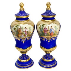 Vintage Pair Dresden Germany Porcelain Cobalt Blue Urns, circa 1920 