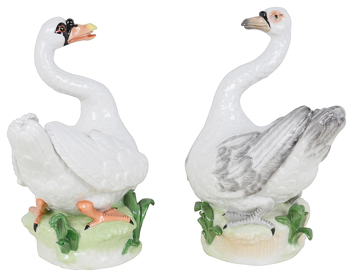 Hand-Painted Pair Dresden Porcelain Swans For Sale