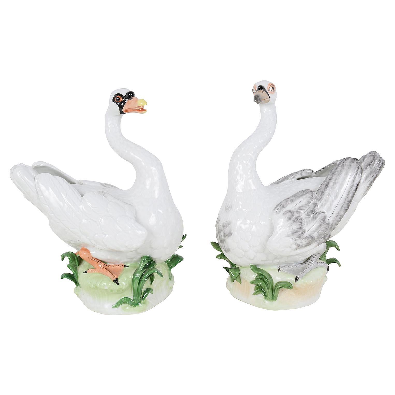 Paire de cygnes en porcelaine de Dresde