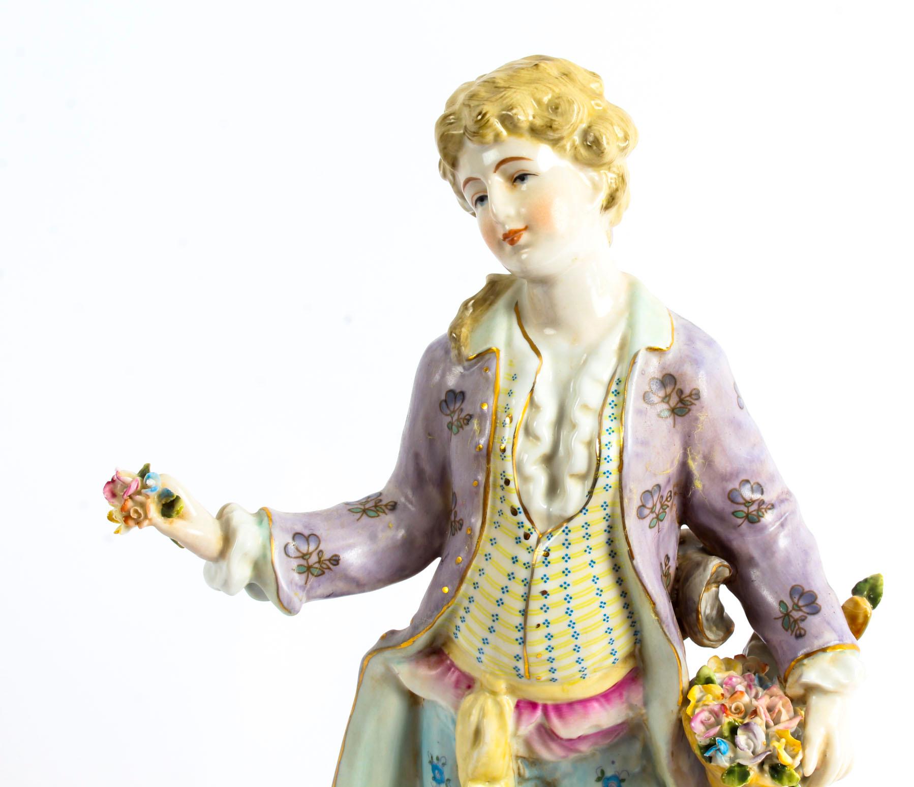 Pair Dresden Style Hand Painted Porcelain Figures Late 20th Century In Good Condition For Sale In London, GB