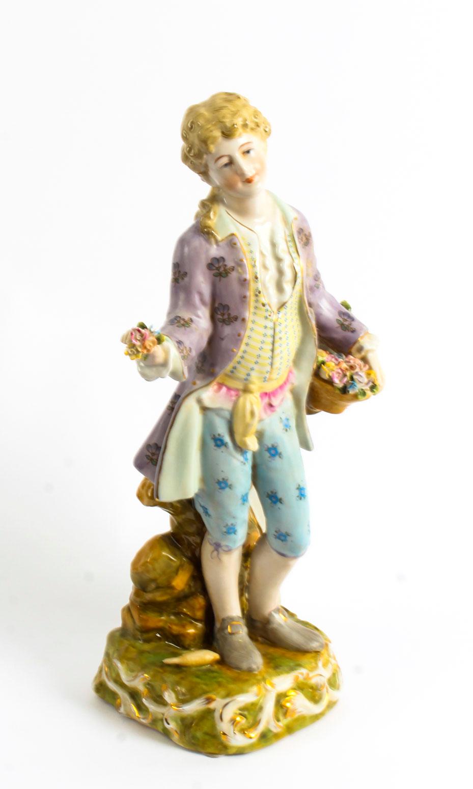 Pair Dresden Style Hand Painted Porcelain Figures Late 20th Century For Sale 3