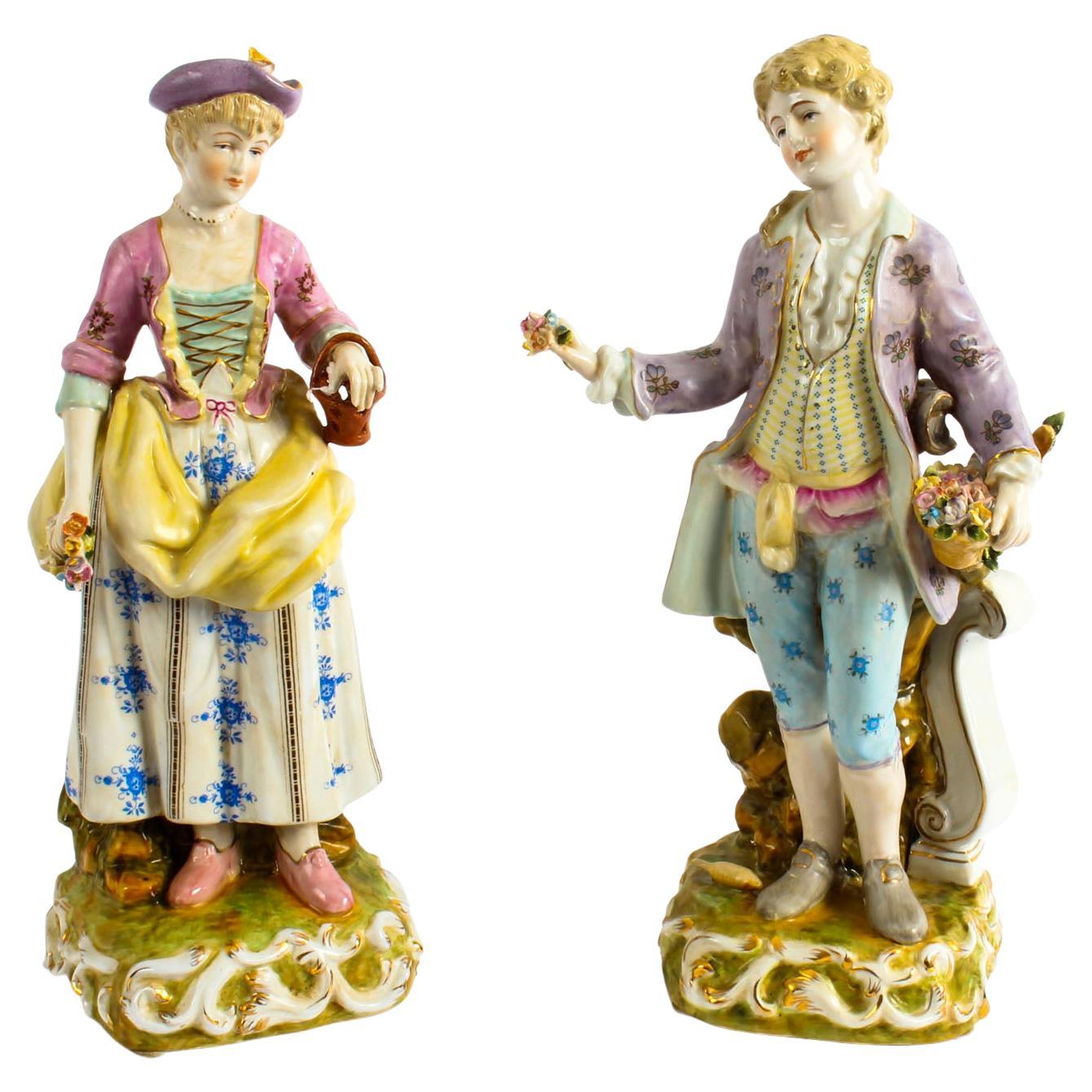 Pair Dresden Style Hand Painted Porcelain Figures Late 20th Century For Sale