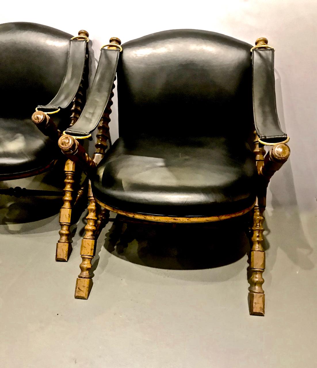 British Colonial Pair Drexel Carved Safari/Campaign Chairs, circa 1970