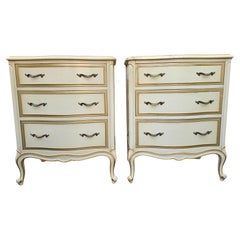 Pair Drexel Provincial Serpentine Mahogany Partial Gilt and Cream Bedside Chests
