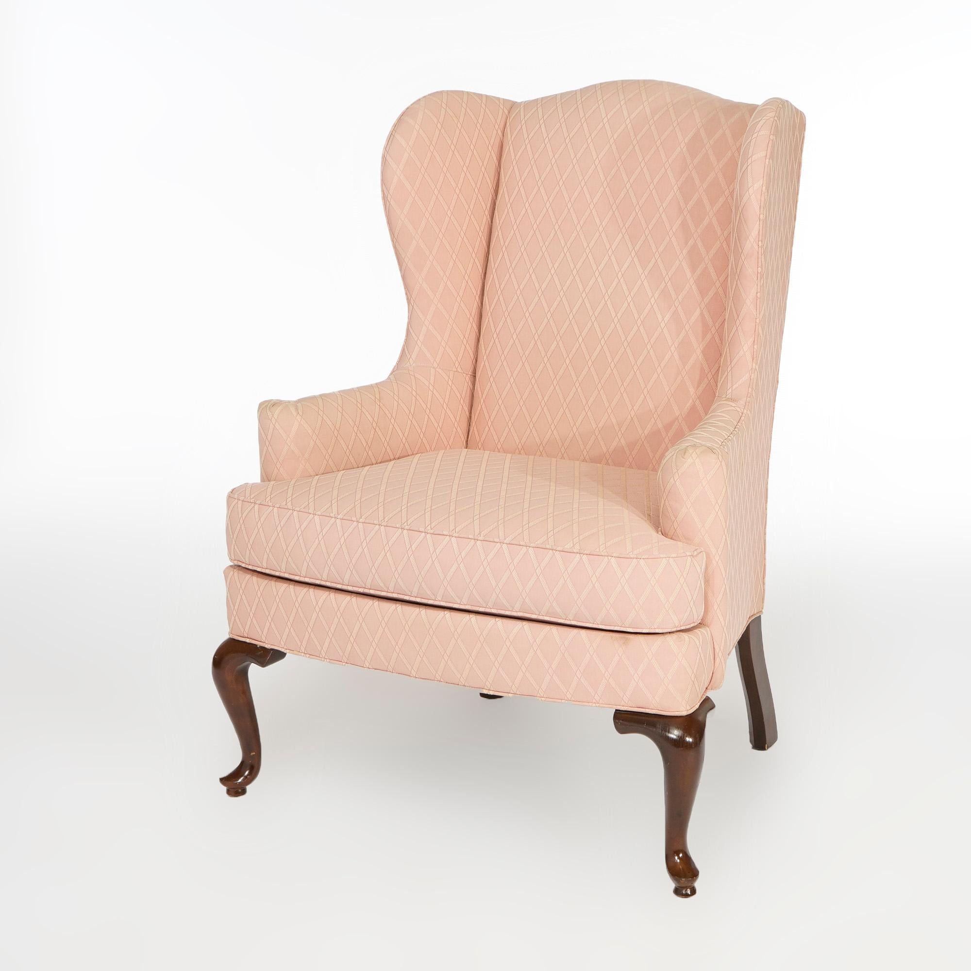 American Pair Drexel Queen Anne Style Upholstered Fireside Wingback Chairs 20th C