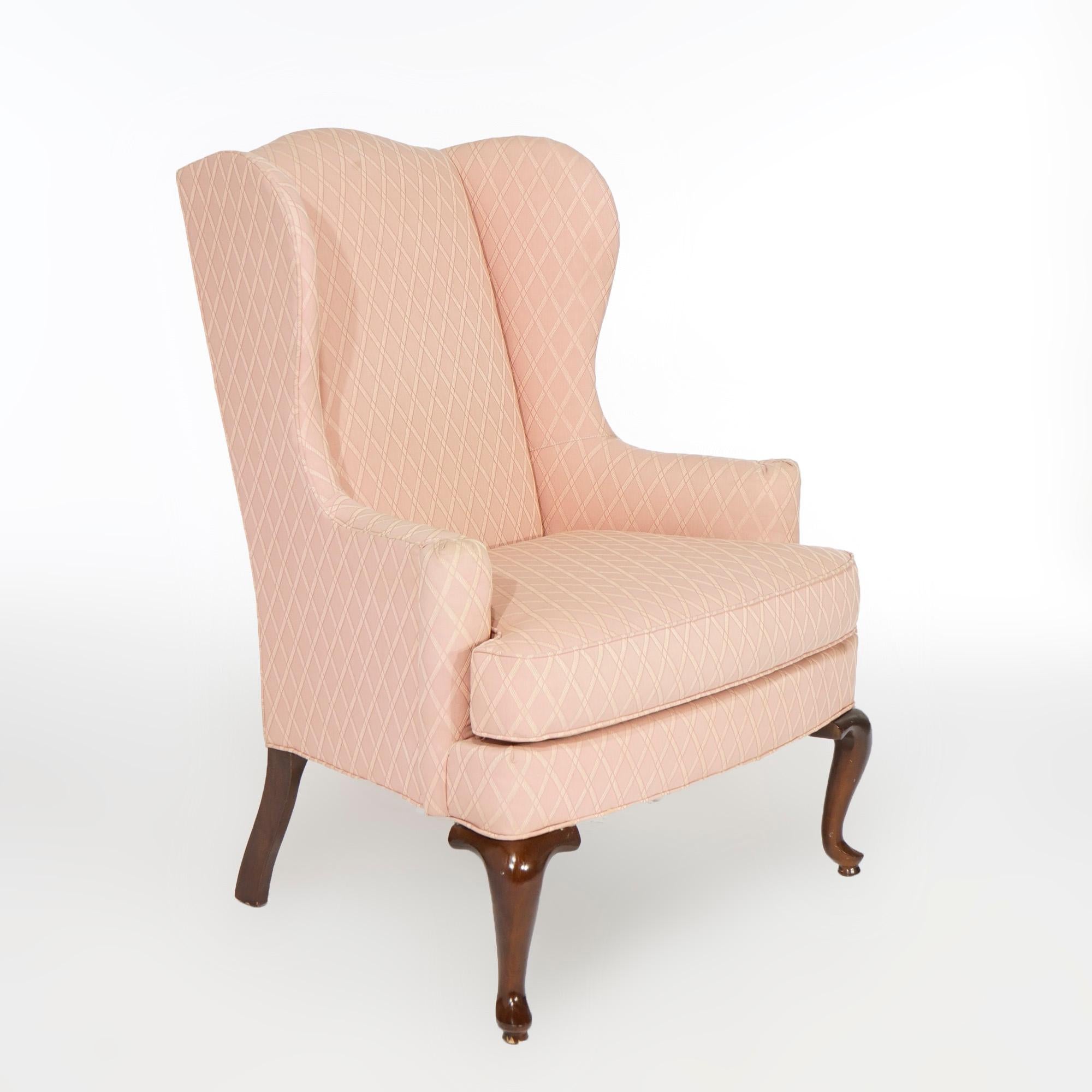 Pair Drexel Queen Anne Style Upholstered Fireside Wingback Chairs 20th C In Good Condition In Big Flats, NY