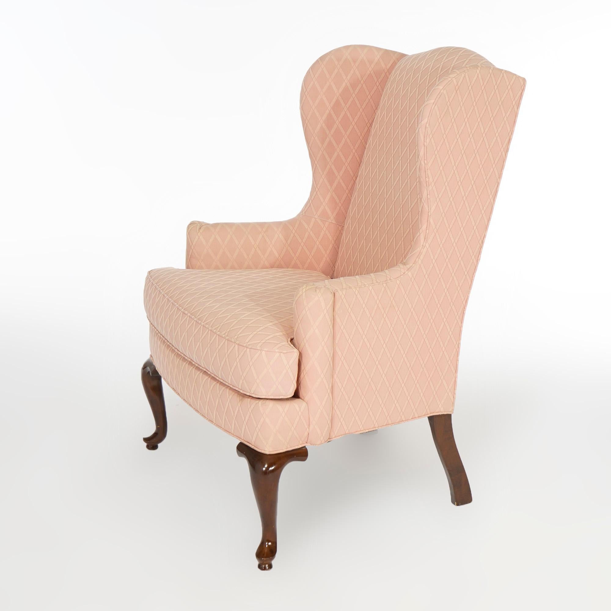 Upholstery Pair Drexel Queen Anne Style Upholstered Fireside Wingback Chairs 20th C