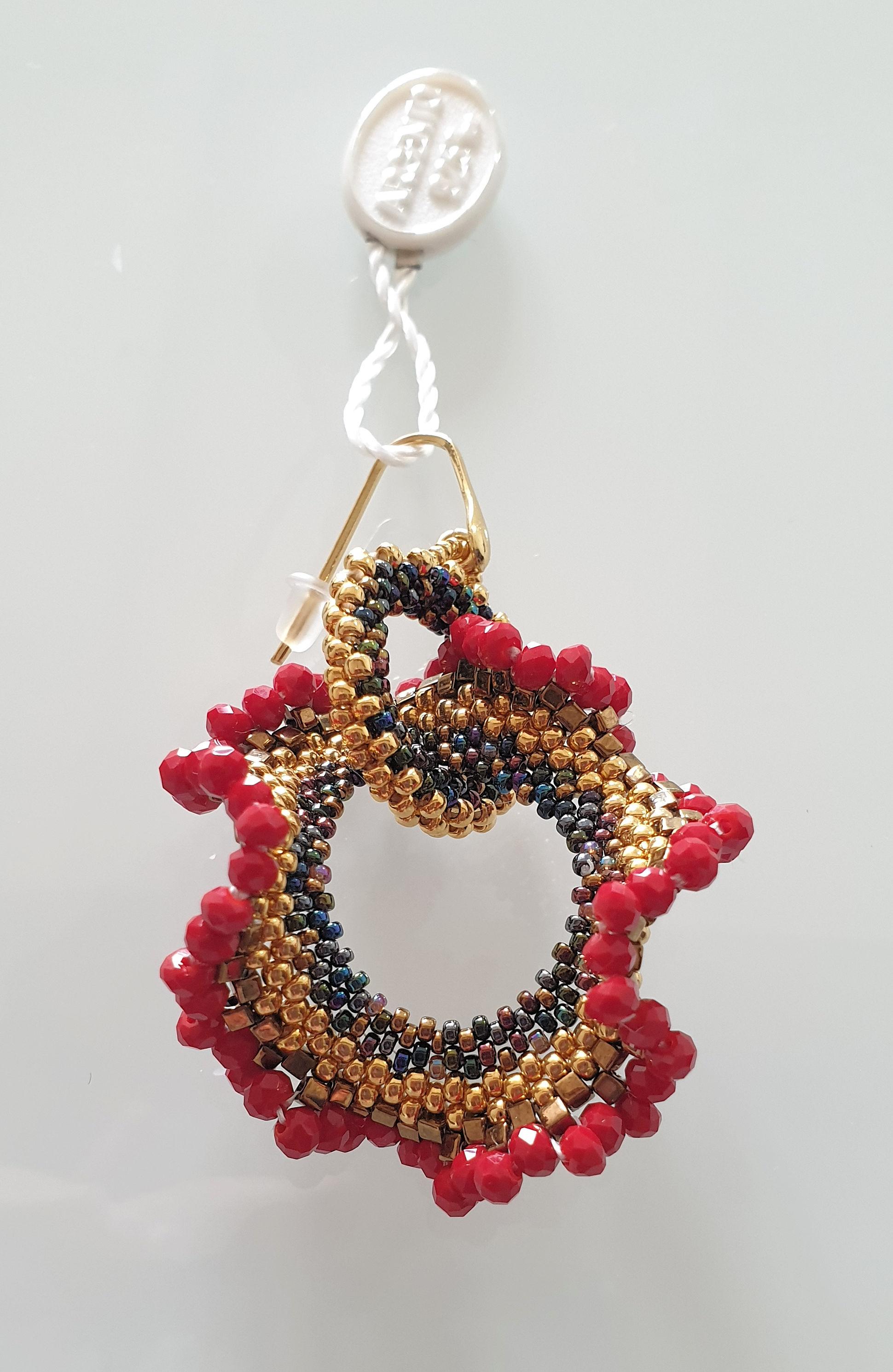 Artist Pair drop earrings hand made in red & gold Murano glass beads by artist Paola B.