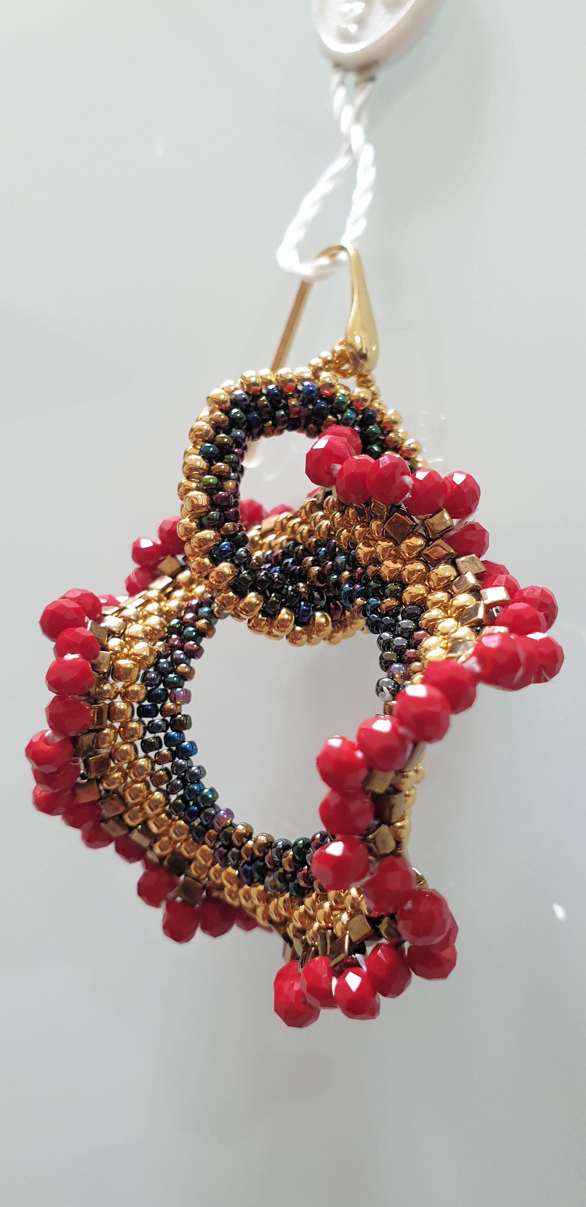 Pair drop earrings hand made in red & gold Murano glass beads by artist Paola B. In New Condition In Dallas, TX